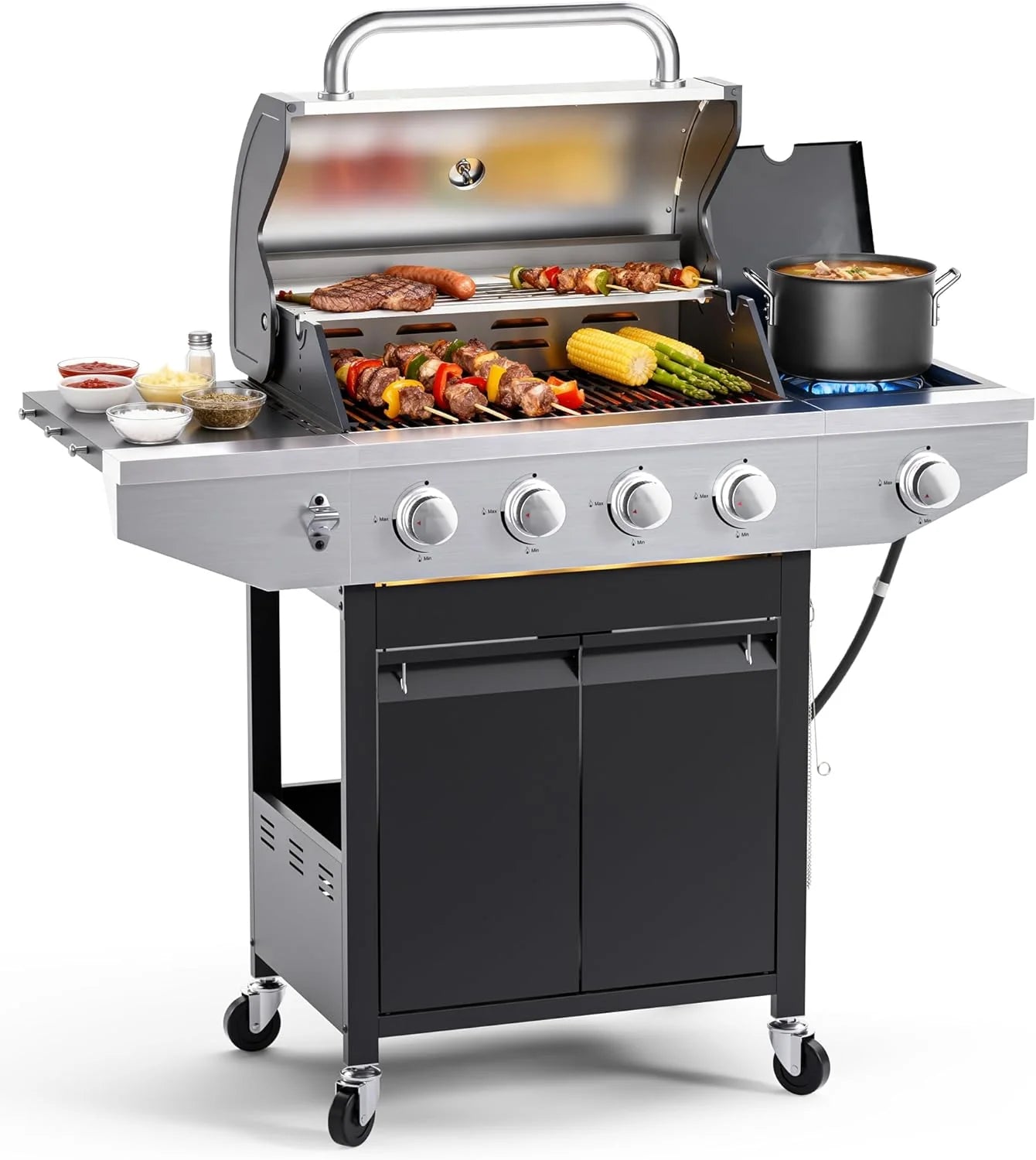 4-Burner Propane Gas Grill with Side Burner, 46,500 BTU Output Stainless Steel Grill
