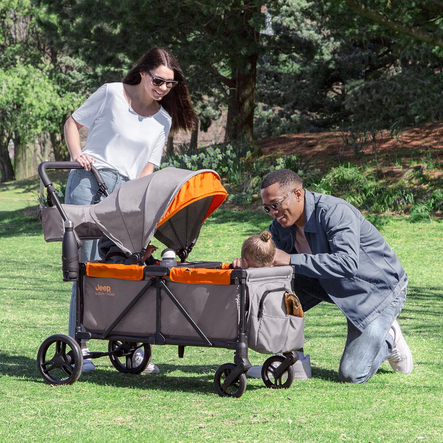 Jeep Sport All-Terrain Stroller Wagon by Delta Children - Includes Canopy, Parent Organizer, Adjustable Handlebar, Snack Tray & Cup Holders, Grey/Olive Green