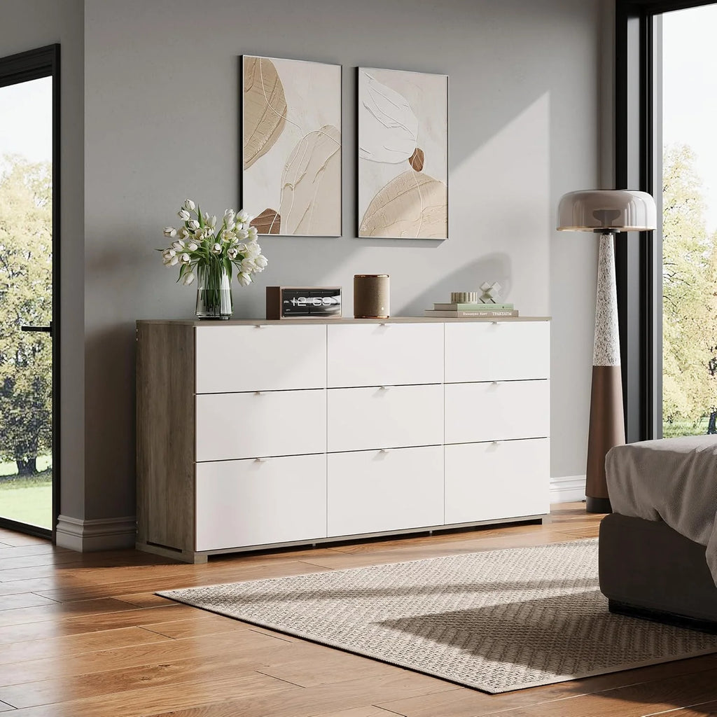 9 Drawer Led Dresser for Bedroom, 58.35'' Wide Wood Dresser Storage Organizer with Power Outlets for 65'' TV, Dressers with Open Shelves