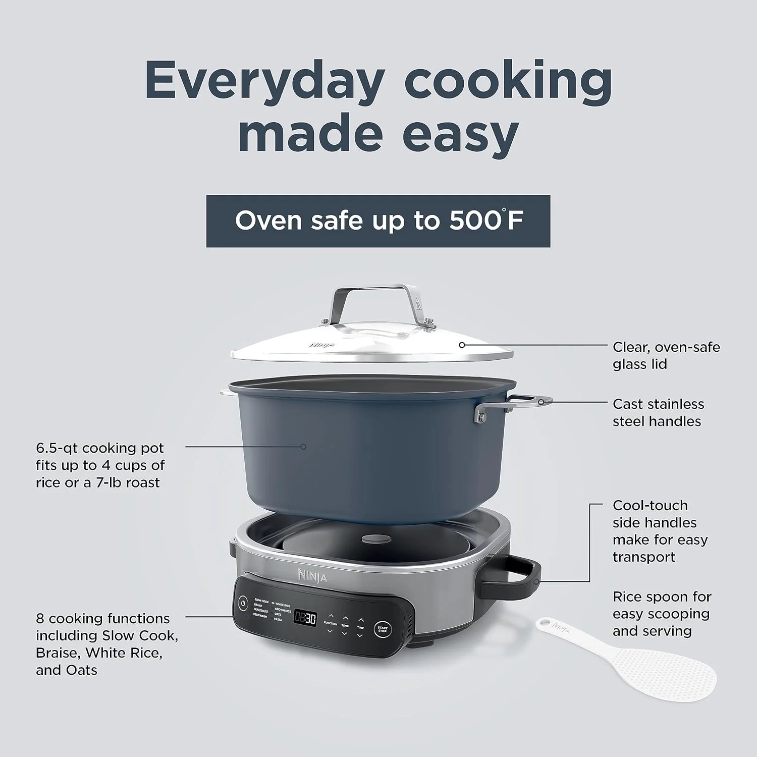 Ninja Slow Cookers 8.5-Quart Multi-Cooker with Dutch oven, steamer, glass lid with integrated spoon, nonstick and oven-safe pot
