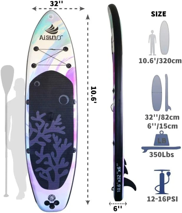 Inflatable wide SUP board with SUP carrying bag, hand pump, 10L waterproof bag and adjustable paddle