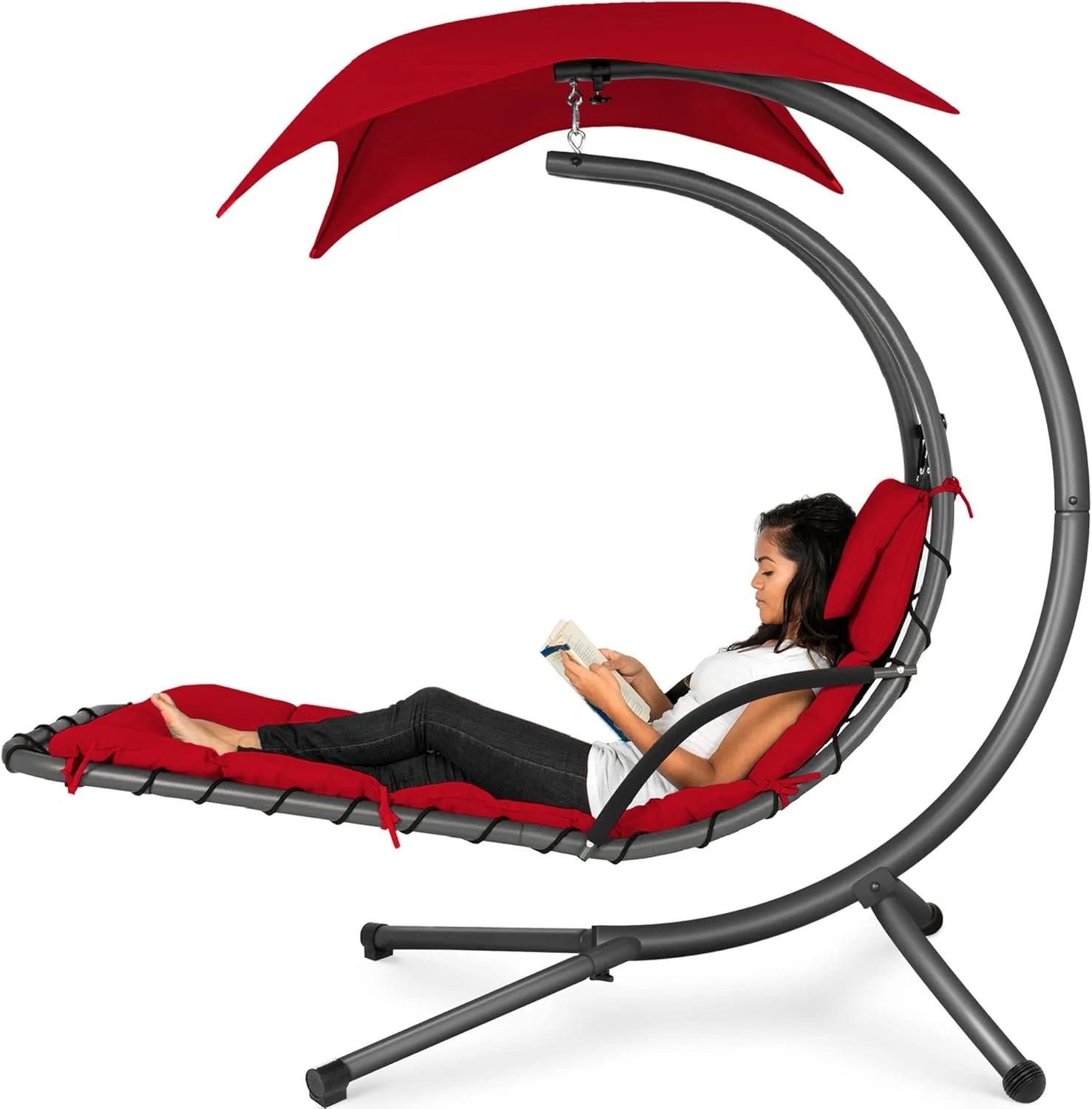 Best Choice Products Outdoor Hanging Curved Steel Chaise Lounge Chair Swing w/Built-in Pillow and Removable Canopy - Charcoal Gray