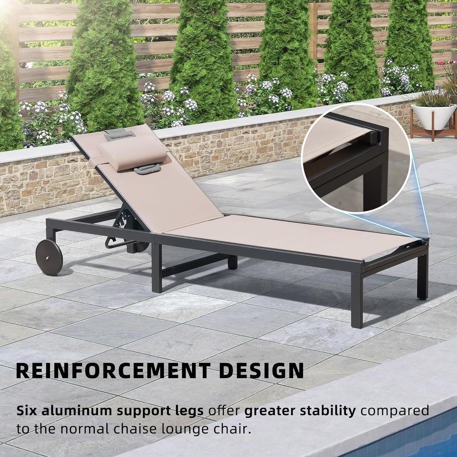 PURPLE LEAF Patio Tanning Lounge Chair Set with Face Down Hole Outdoor Aluminum Adjustable Reclining Chairs Wheels Pillows and Table for Poolside Beach Sunbathing Lounger, Beige