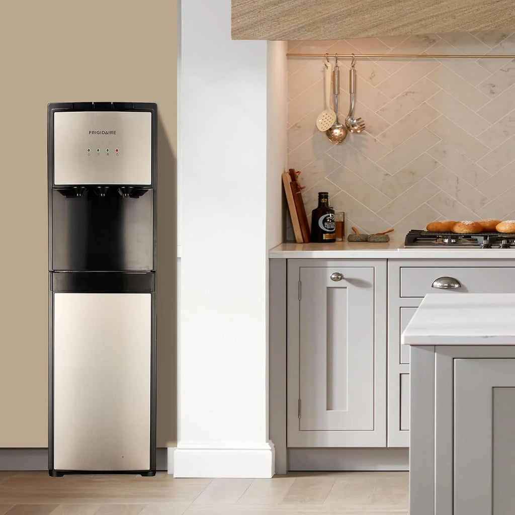 Frigidaire EFWC498 - Top Loading Cooler Dispenser -Hot & Cold Water - Child Safety Lock - Innovative Slim & Sleek Design, Holds 3 or 5 Gallon Bottles - Black