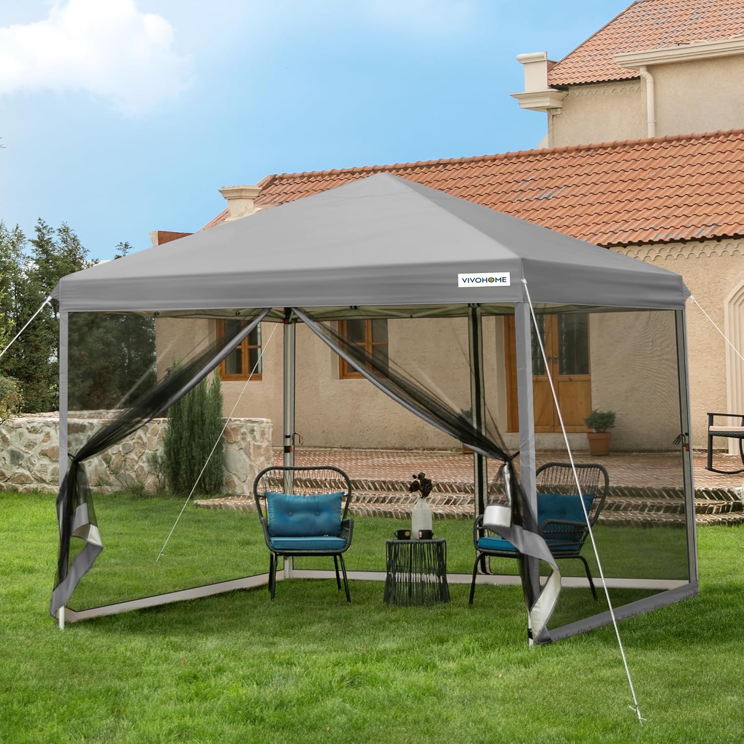 10x10ft Easy Pop-Up Canopy, Outdoor Screen Tent with Mosquito Netting, 2 Zipper Doors, and Roller Bag for Yard Camping Picnic Party Events, Beige