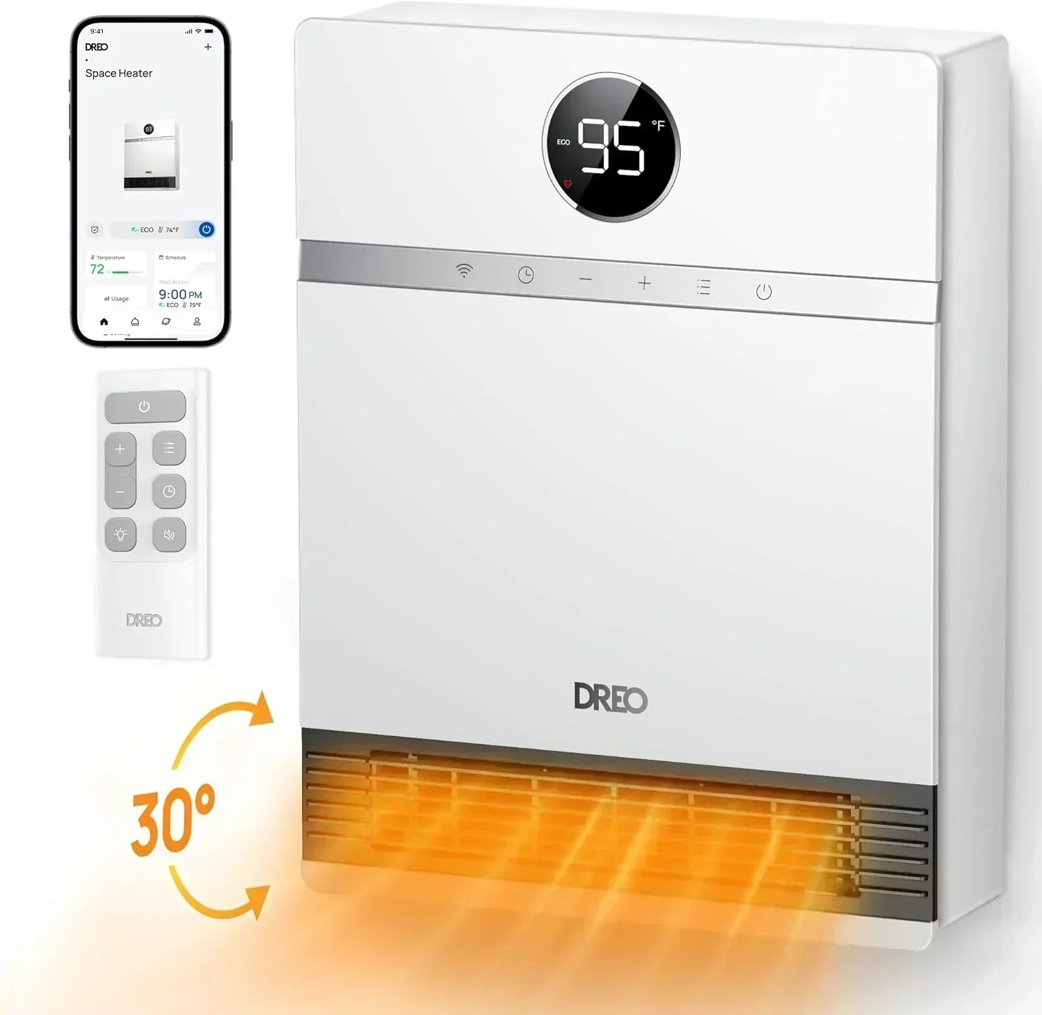 Smart wall-mounted heater for indoor use with adjustable thermostat and remote control