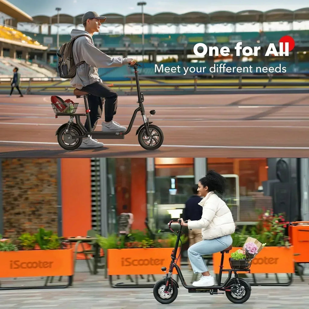 iScooter electric scooter with seat 28/19/15.6 mph top speed dual suspension scooter