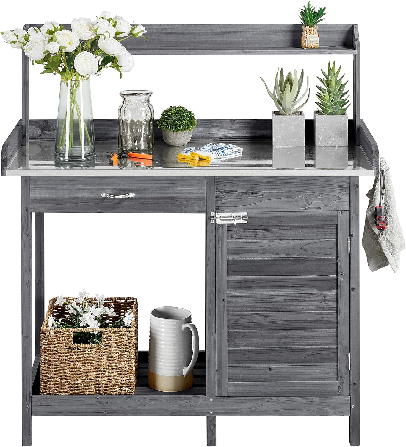 Yaheetech Outdoor Garden Potting Bench Table Work Bench Metal Tabletop Cabinet Drawer