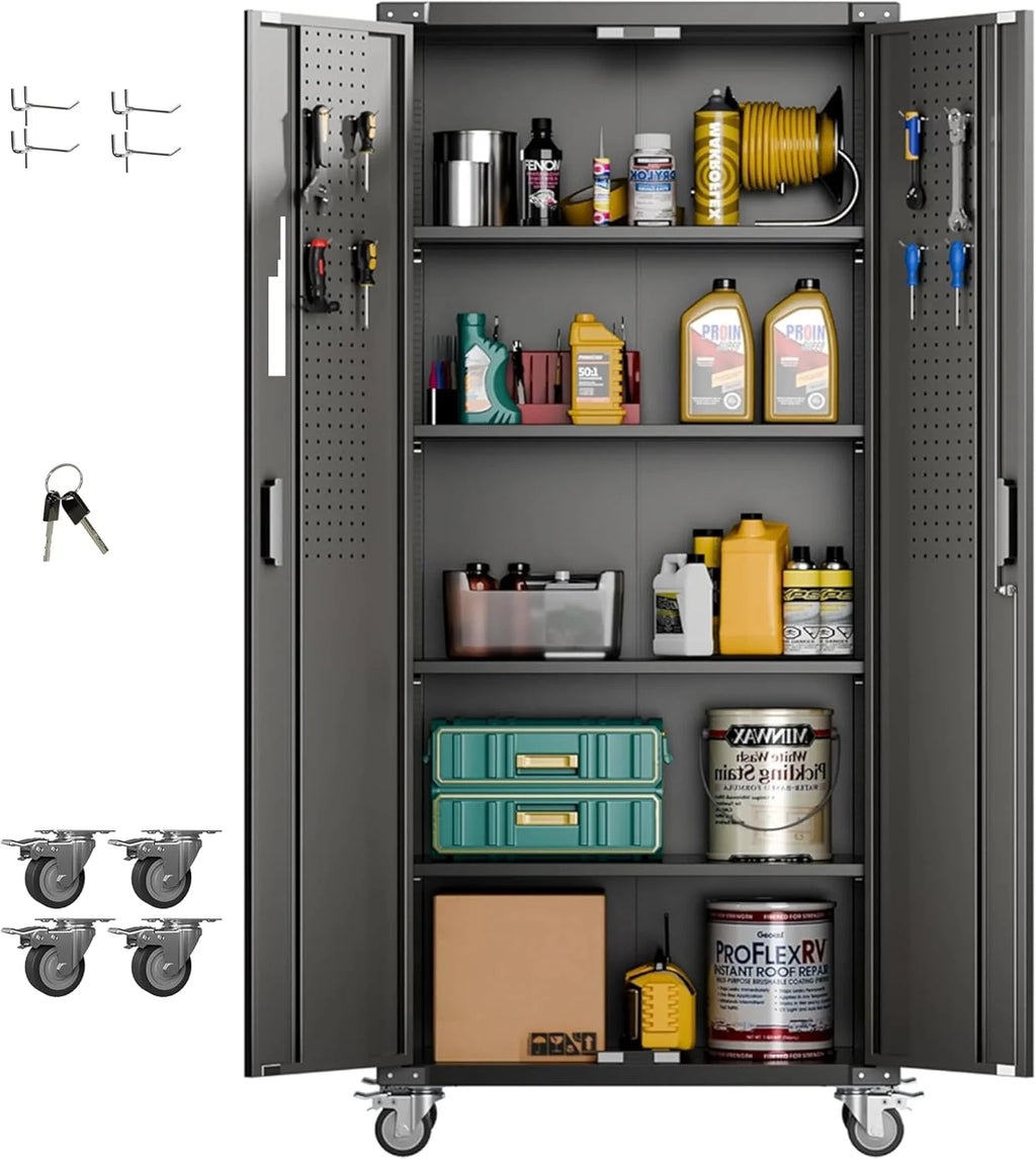 Aobabo 73''H Metal Garage Storage Cabinet with Wheels,Steel Cabinets with 2 Doors and 4 Adjustable Shelves for Home Office,Required Assembly,Black