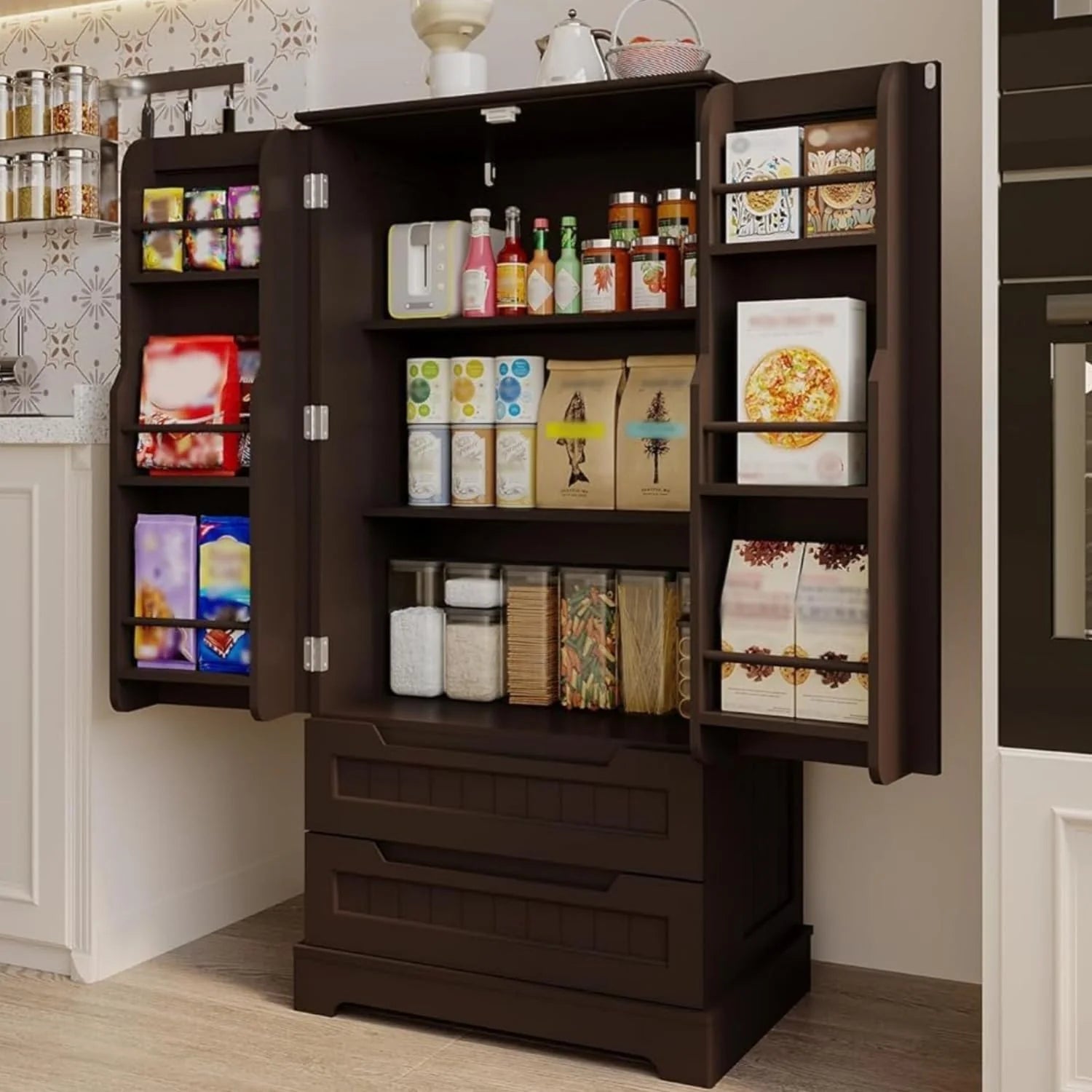 Gizoon Kitchen Pantry Cabinet with Drawers Freestanding Bathroom Storage Cabinet with Doors and Shelves, 47 Inch Small Pantry Cabinet