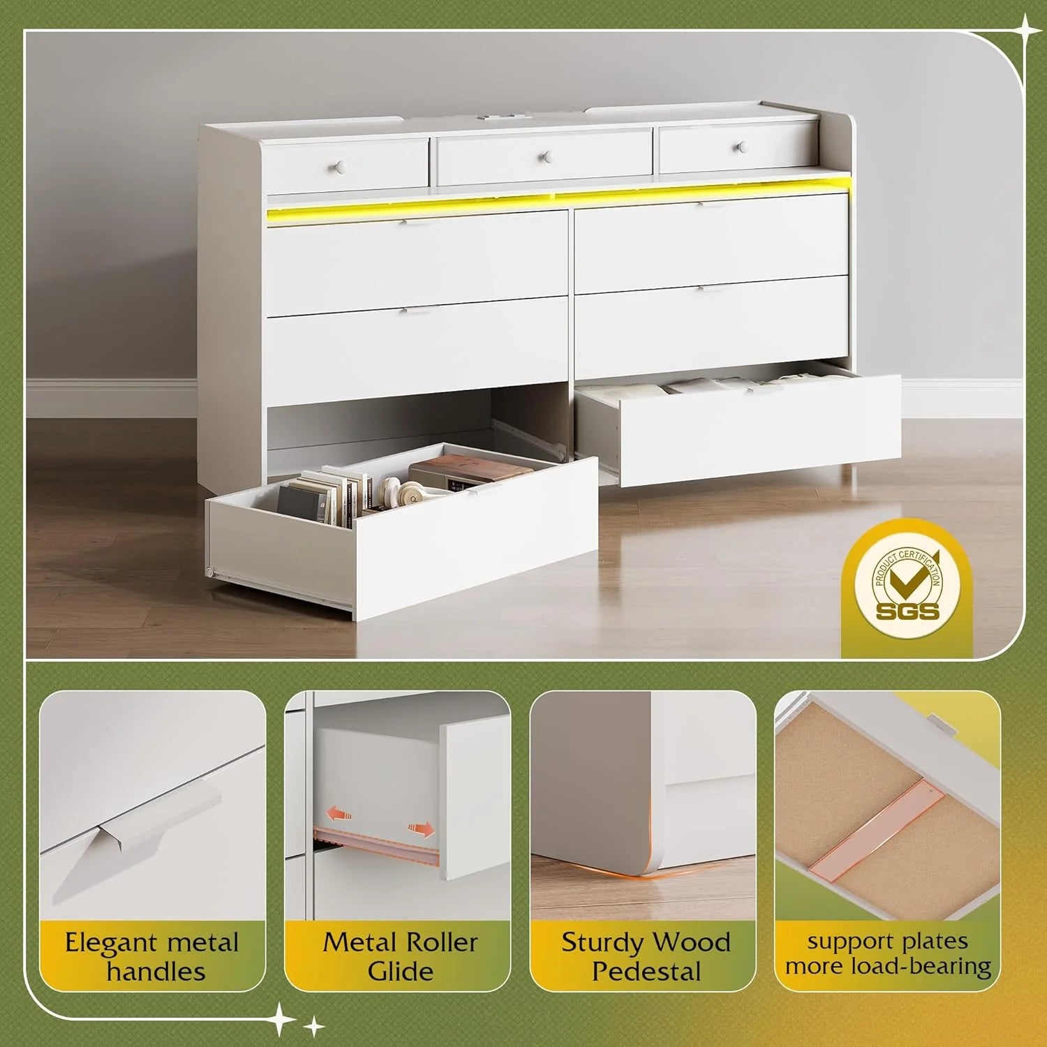 9 Drawer Led Dresser for Bedroom, 58.35'' Wide Wood Dresser Storage Organizer with Power Outlets for 65'' TV, Dressers with Open Shelves