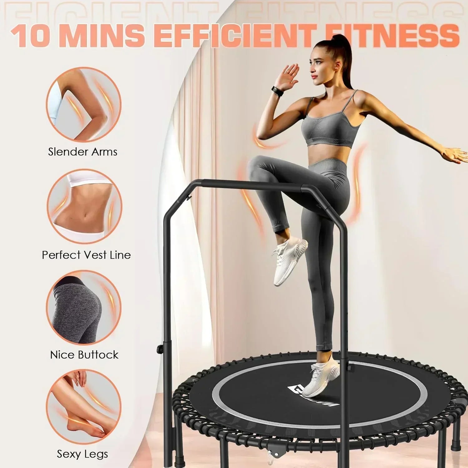 BCAN 450/550 LBS Foldable Mini Trampoline Fitness Trampoline Bungees Adjustable Foam Handle