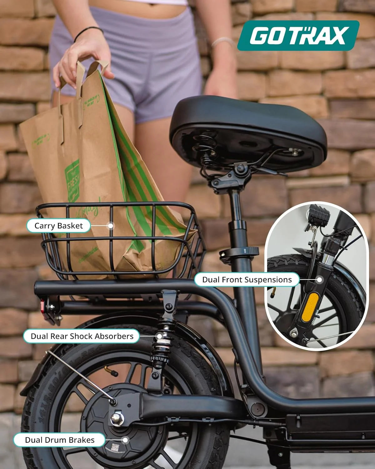 Gotrax adult electric scooter with seat, maximum range of 19-25 miles, all-terrain tires, wide pedals, padded seat, and carrycot
