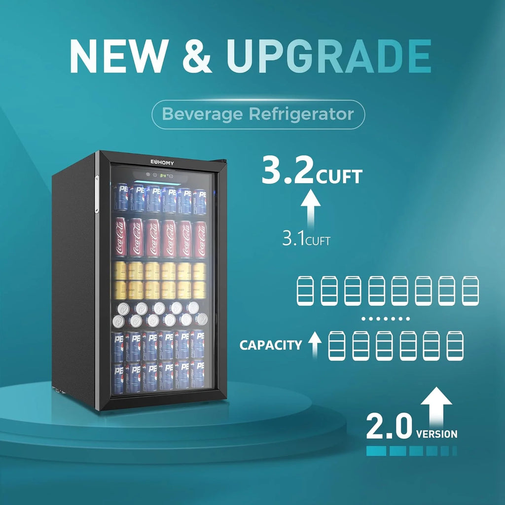 EUHOMY Beverage Refrigerator Cooler, 130 Can Mini Fridge with Glass Door for Soda Beer or Wine, Beverage Cooler for Home, Office, Bar with Adjustable Removable Shelves, Silver