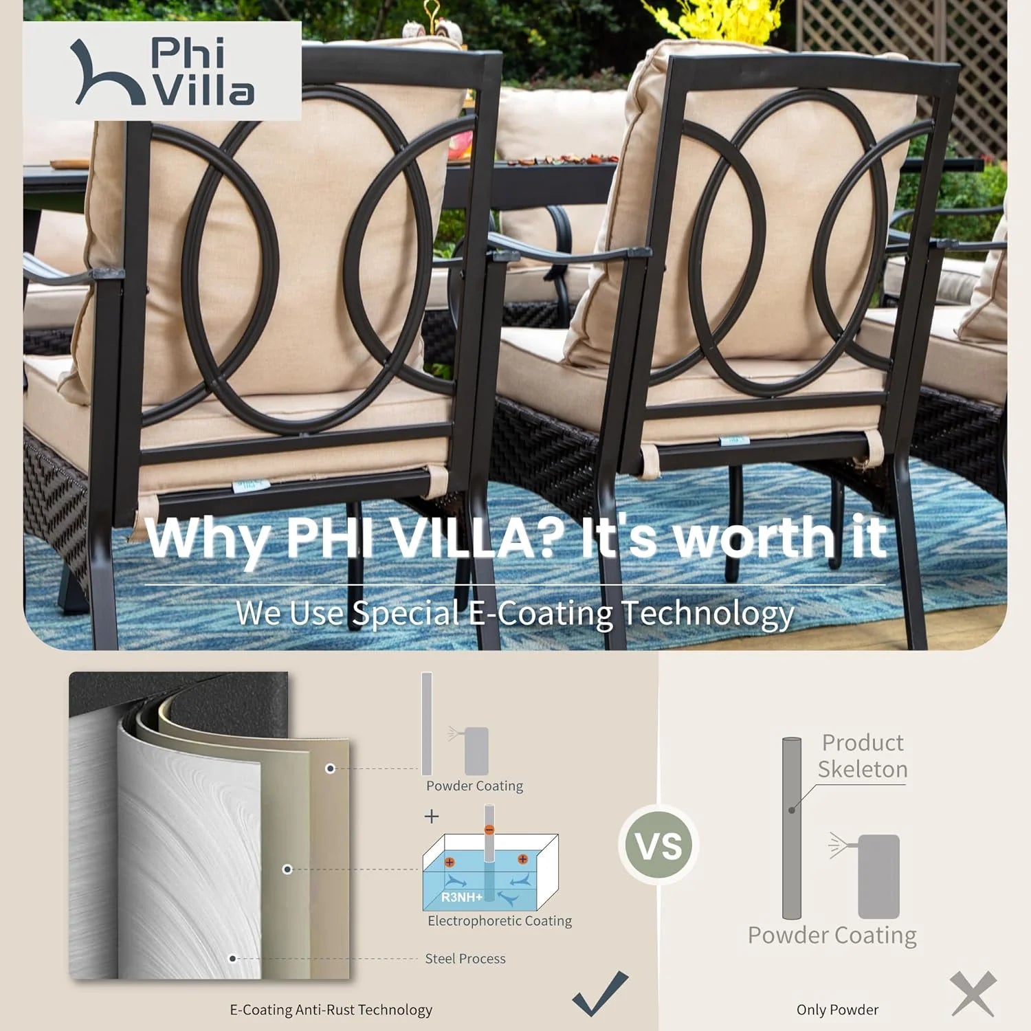 PHI VILLA 6-Piece Outdoor Dining Sets, All-Weather Patio Table and Chairs Set with Umbrella for 4, Heavy Duty Patio Round Table Set for Deck, 4 Extra Large Outdoor Swivel Chairs with Thick Cushions