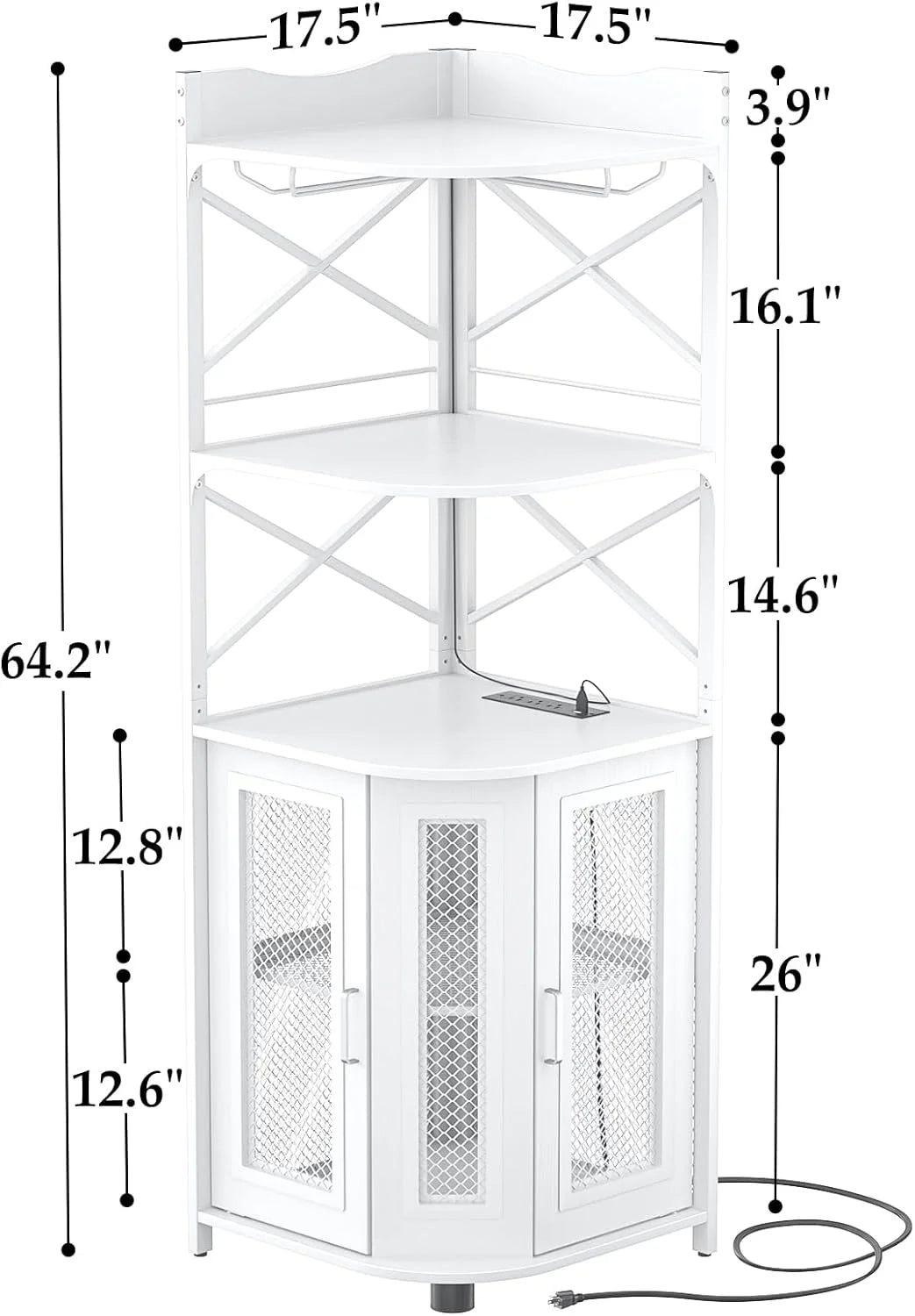 Corner bar cabinet with power socket, industrial style wine cabinet with LED light strip and glass rack, home five-layer wine cabinet bar unit, small space corner display cabinet