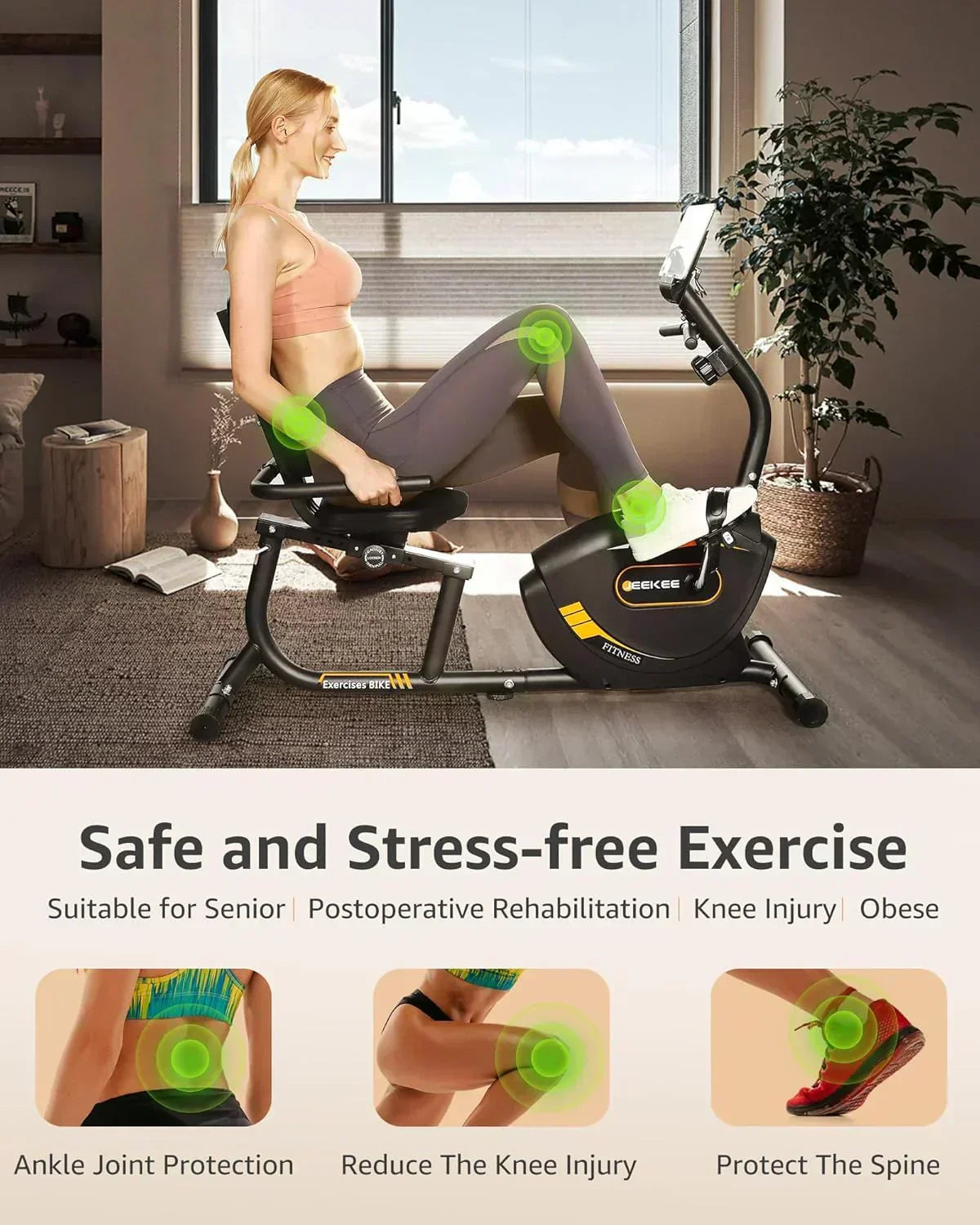 JEEKEE Recumbent Exercise Bike for Adults Seniors Indoor Magnetic Cycling Fitness Equipment